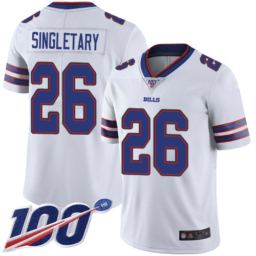 Men Buffalo Bills 26 Devin Singletary White Vapor Untouchable Limited Player 100th Season NFL Jersey